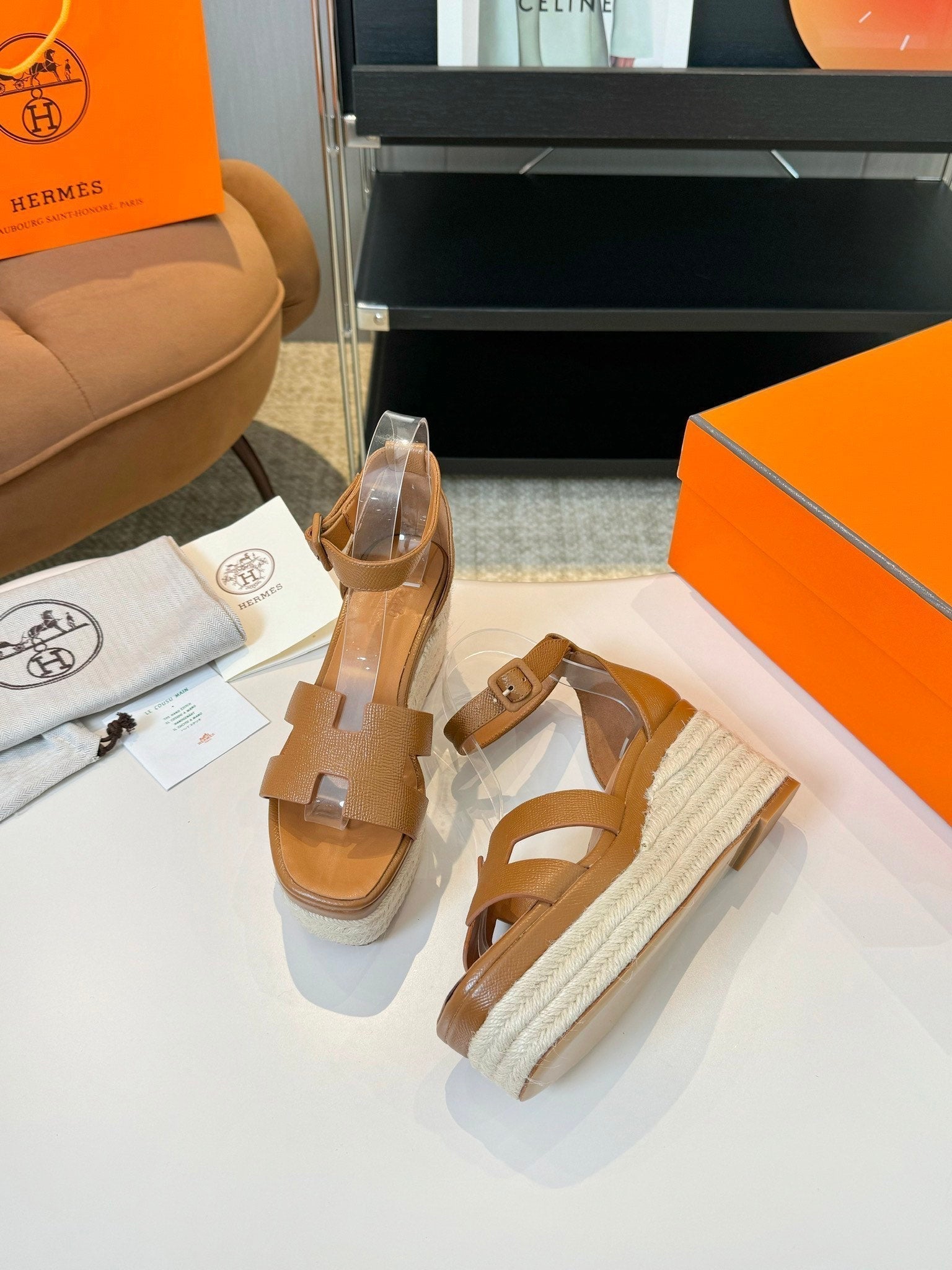HERMES Elda espadrille 80 Light Brown Epsom Calfskin