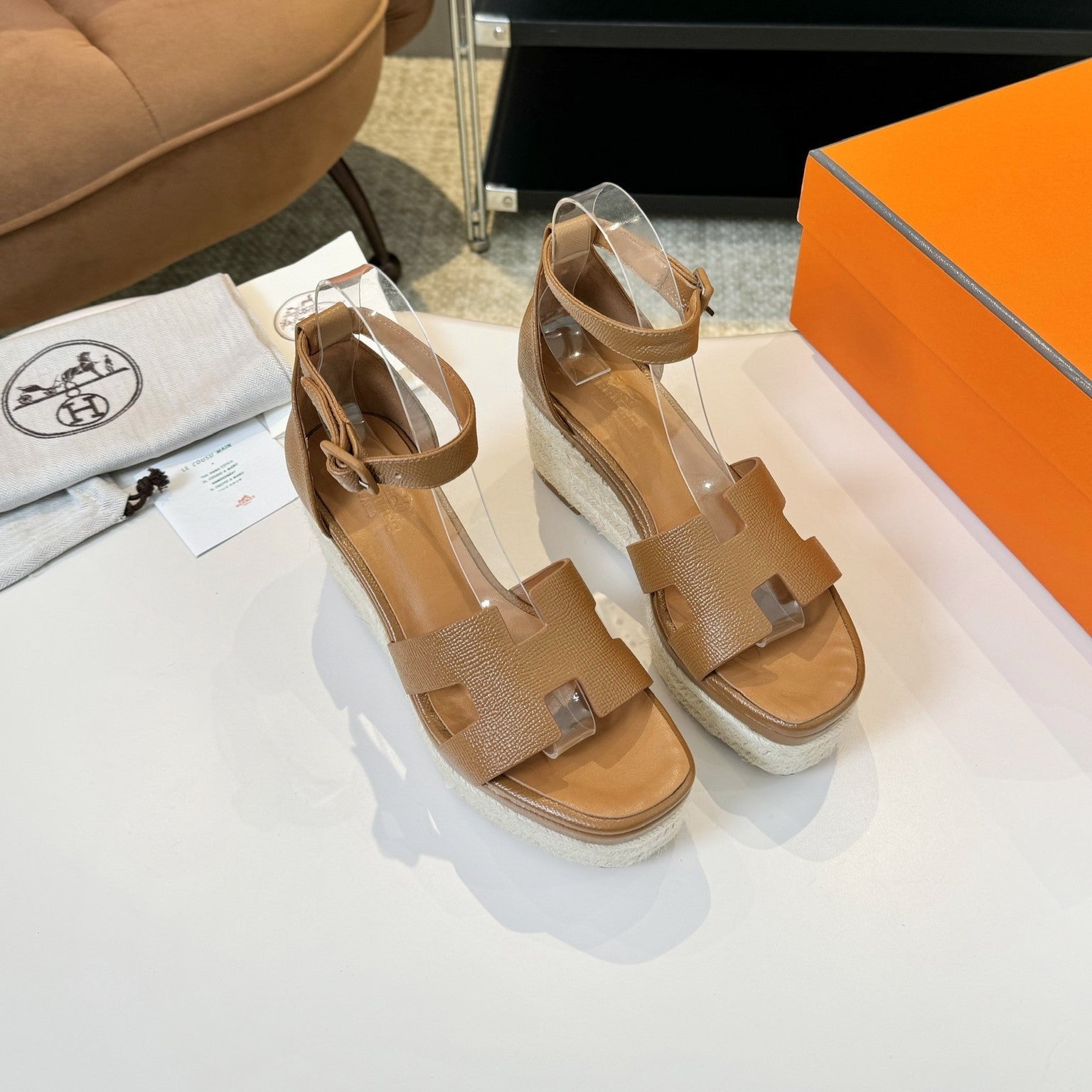 HERMES Elda espadrille 80 Light Brown Epsom Calfskin
