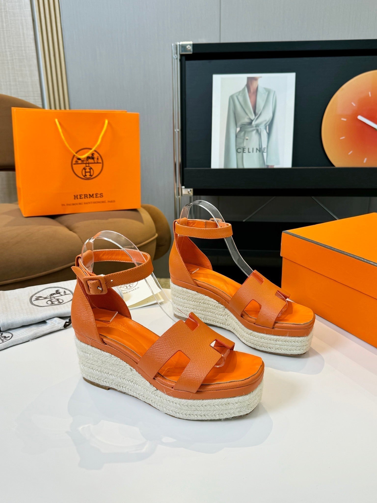 HERMES Elda espadrille 80 Orange Epsom Calfskin