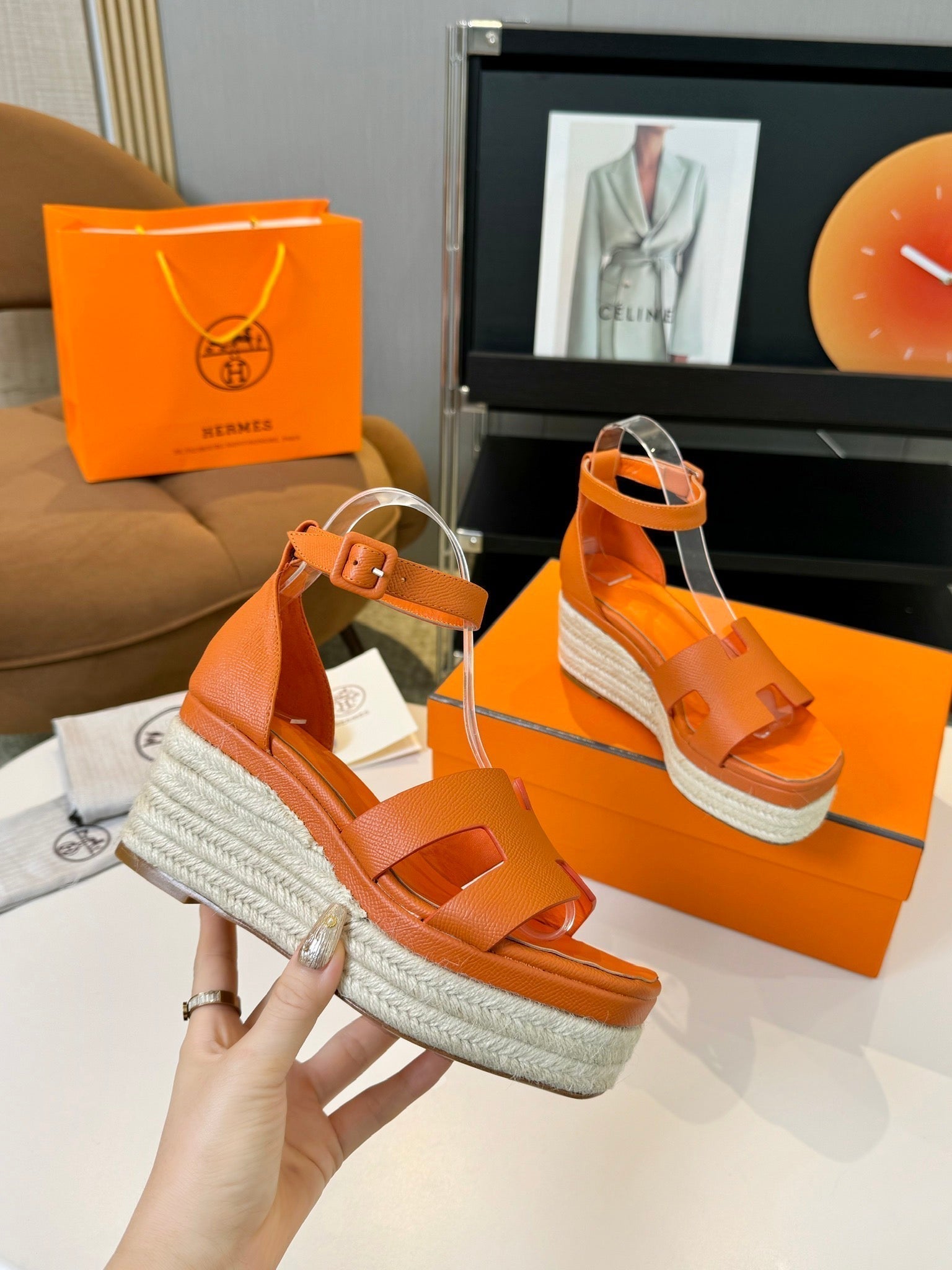 HERMES Elda espadrille 80 Orange Epsom Calfskin