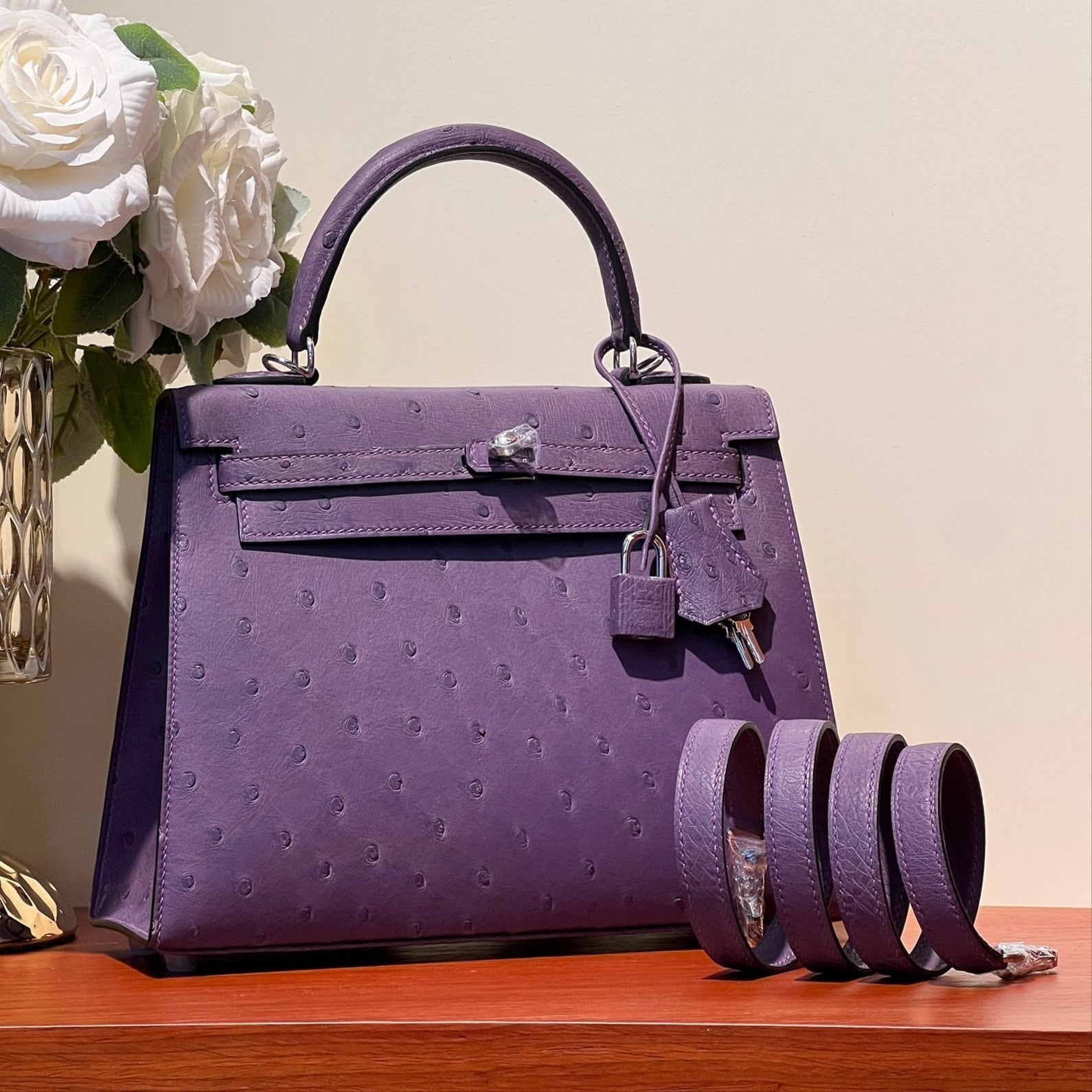 HERMES KELLY SELLIER 25 BAG IN ROYAL PURPLE OSTRICH LEATHER WITH SILVER HARDWARE