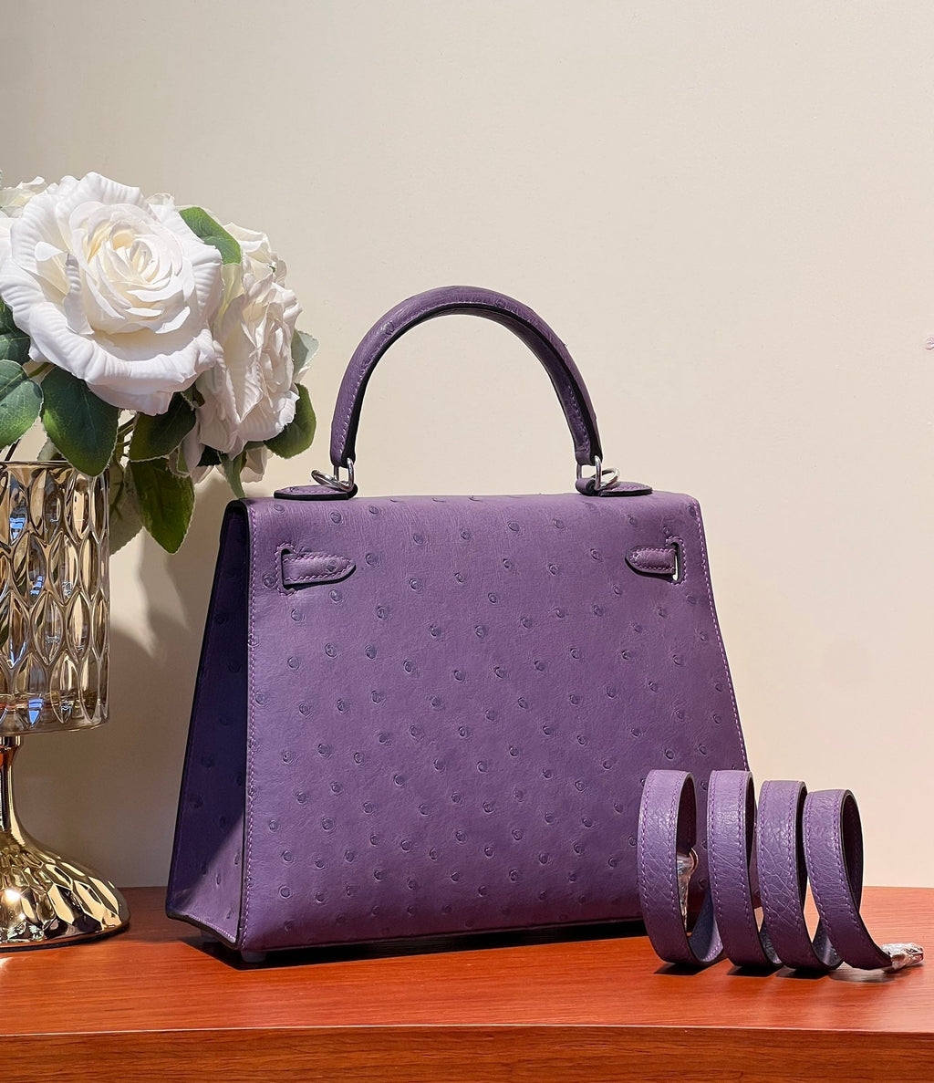 HERMES KELLY SELLIER 25 BAG IN ROYAL PURPLE OSTRICH LEATHER WITH SILVER HARDWARE