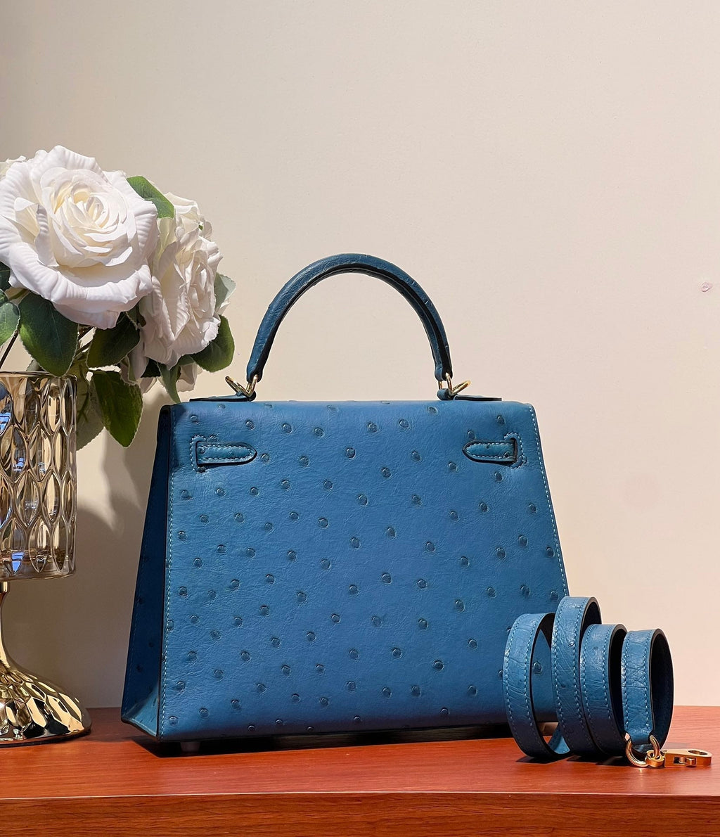 HERMES KELLY  SELLIER 25 BAG IN ROYAL BLUE OSTRICH LEATHER