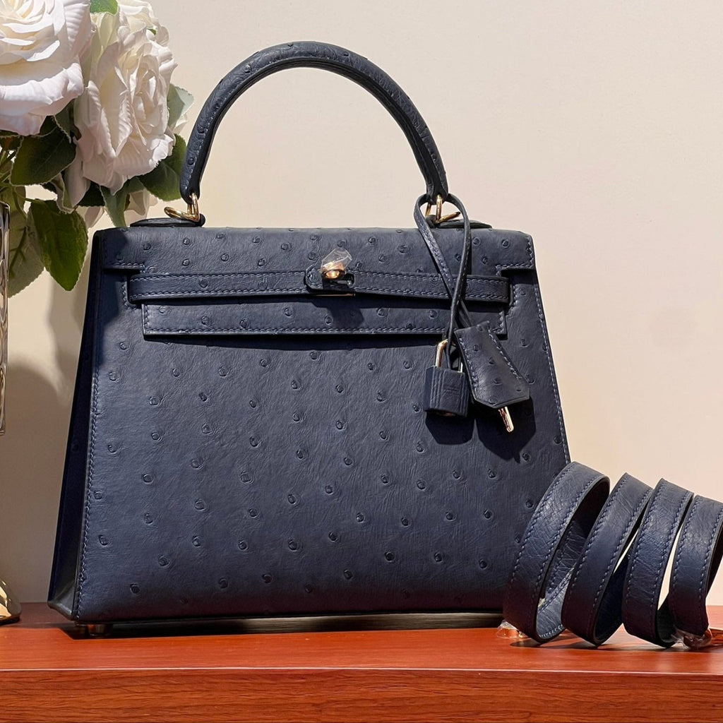 HERMES KELLY SELLIER 25 BAG IN PRUSSIAN BLUE OSTRICH LEATHER WITH GOLD HARDWARE