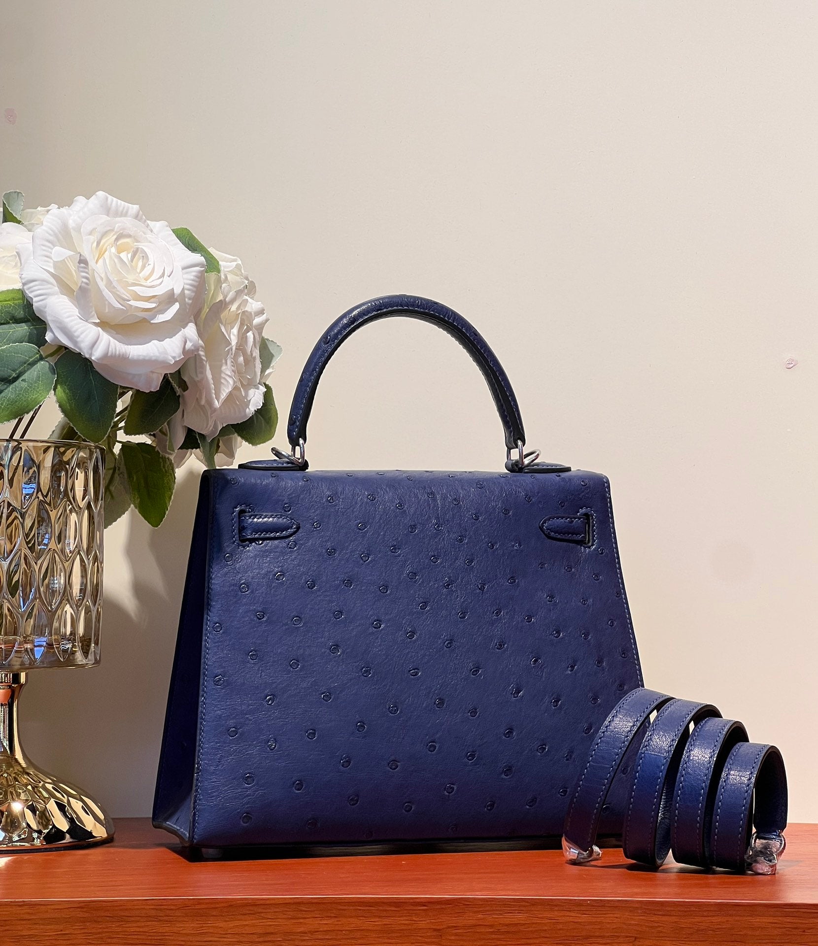 HERMES KELLY SELLIER 25 BAG IN NAVY BLUE OSTRICH LEATHER WITH SILVER HARDWARE