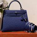 HERMES KELLY SELLIER 25 BAG IN NAVY BLUE OSTRICH LEATHER WITH SILVER HARDWARE