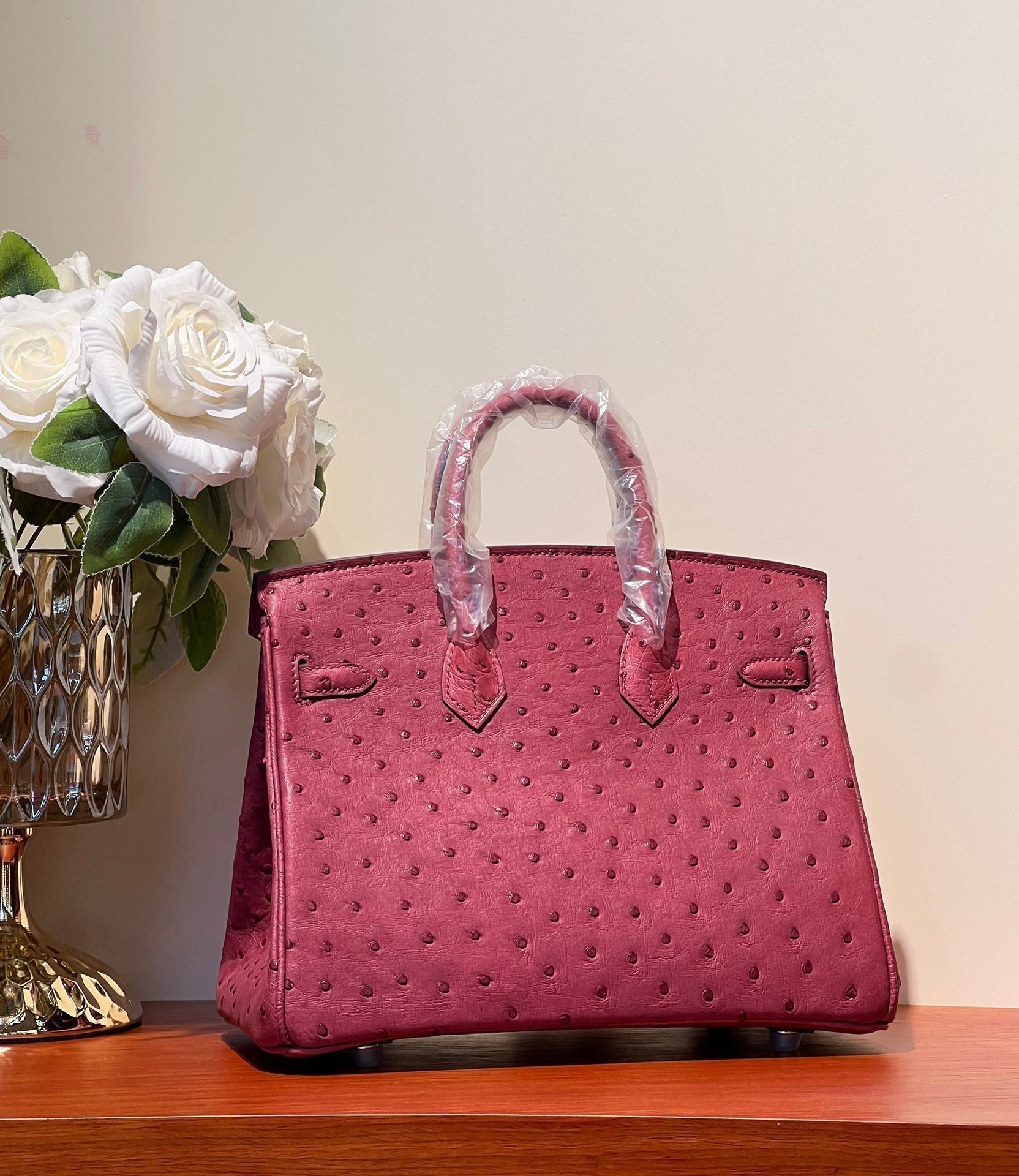 HERMES KELLY SELLIER 25 BAG IN CURRANT RED OSTRICH LEATHER WITH SILVER HARDWARE