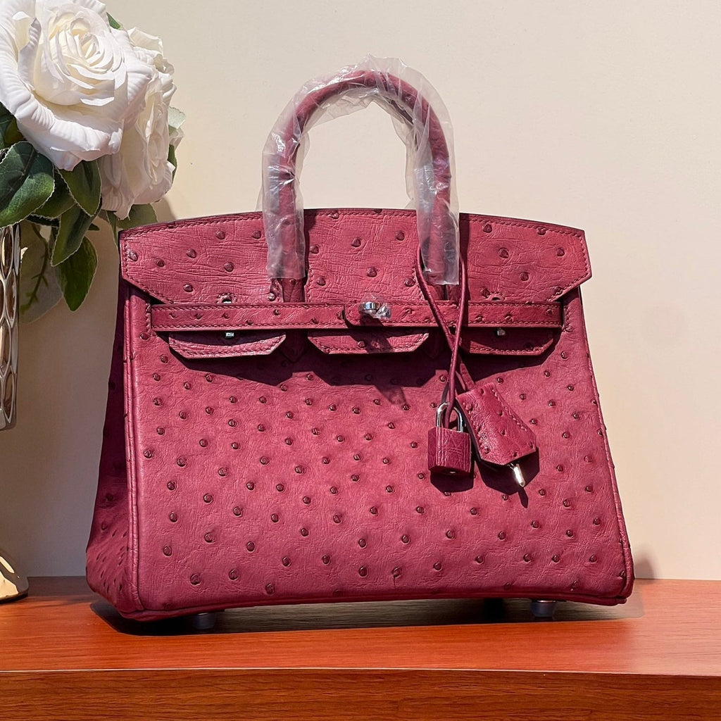HERMES KELLY SELLIER 25 BAG IN CURRANT RED OSTRICH LEATHER WITH SILVER HARDWARE