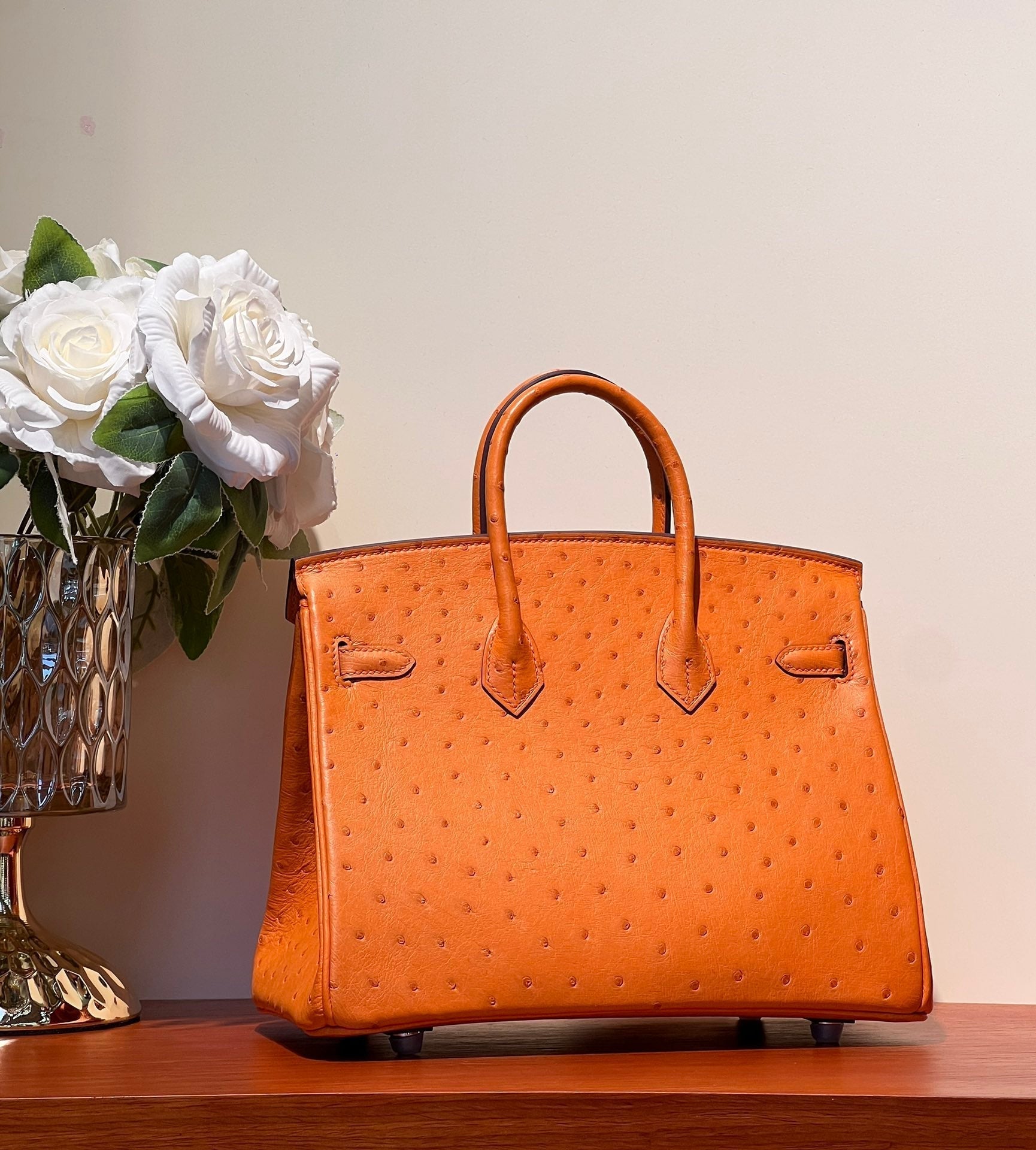 HERMES KELLY SELLIER 25 BAG IN FIRE ORANGE OSTRICH LEATHER WITH SILVER HARDWARE