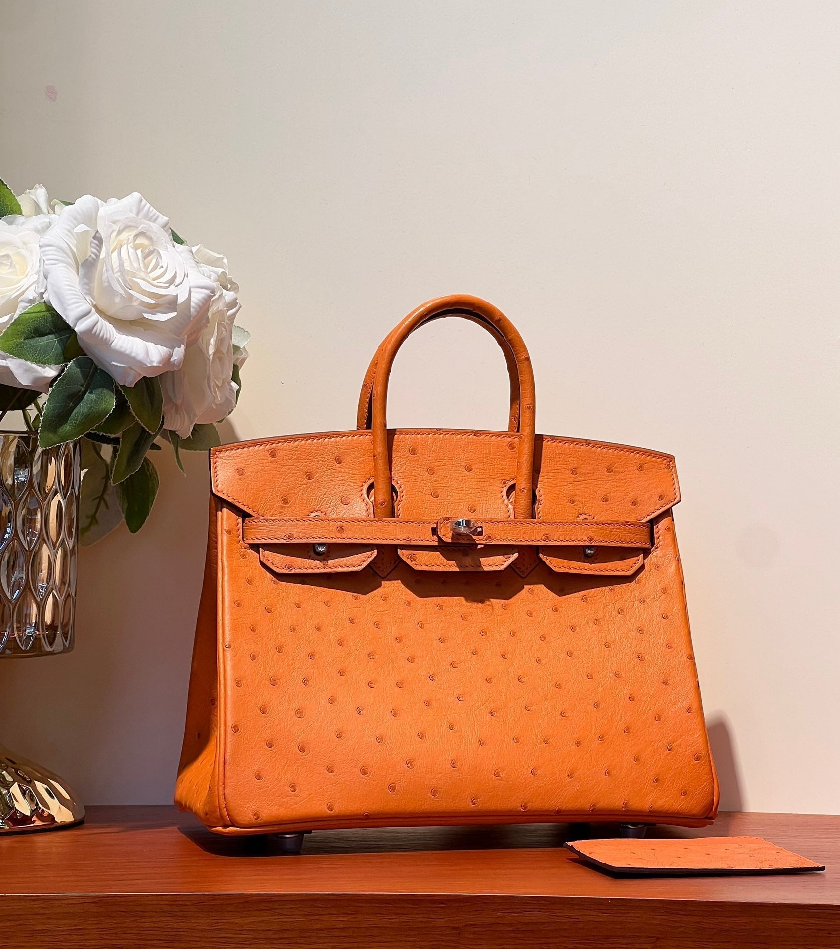HERMES KELLY SELLIER 25 BAG IN FIRE ORANGE OSTRICH LEATHER WITH SILVER HARDWARE