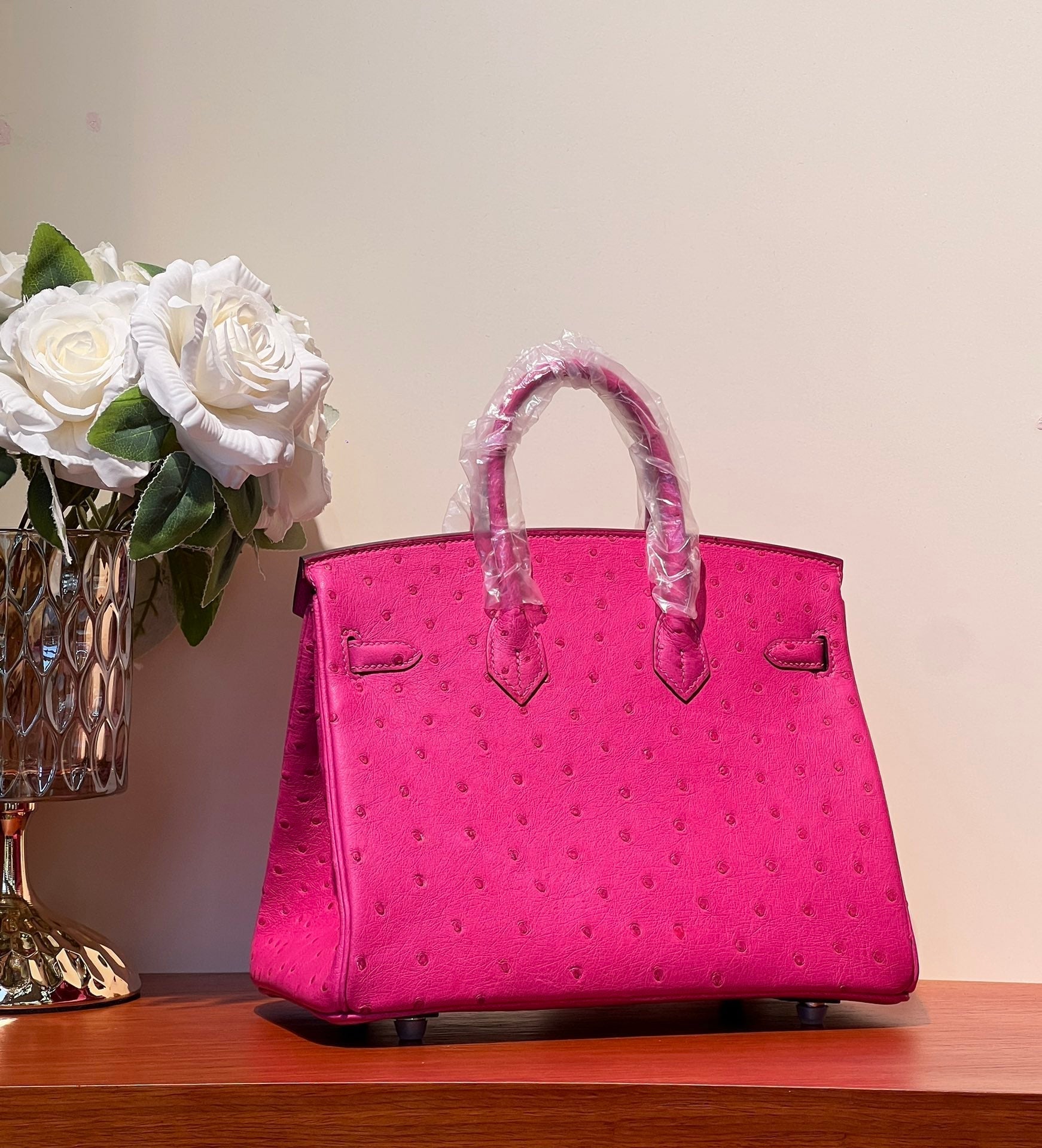 HERMES KELLY SELLIER 25 BAG IN BRIGHT PINK OSTRICH LEATHER WITH SILVER HARDWARE