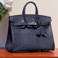 HERMES KELLY SELLIER 25 BAG IN SPACE BLUE OSTRICH LEATHER WITH SILVER HARDWARE