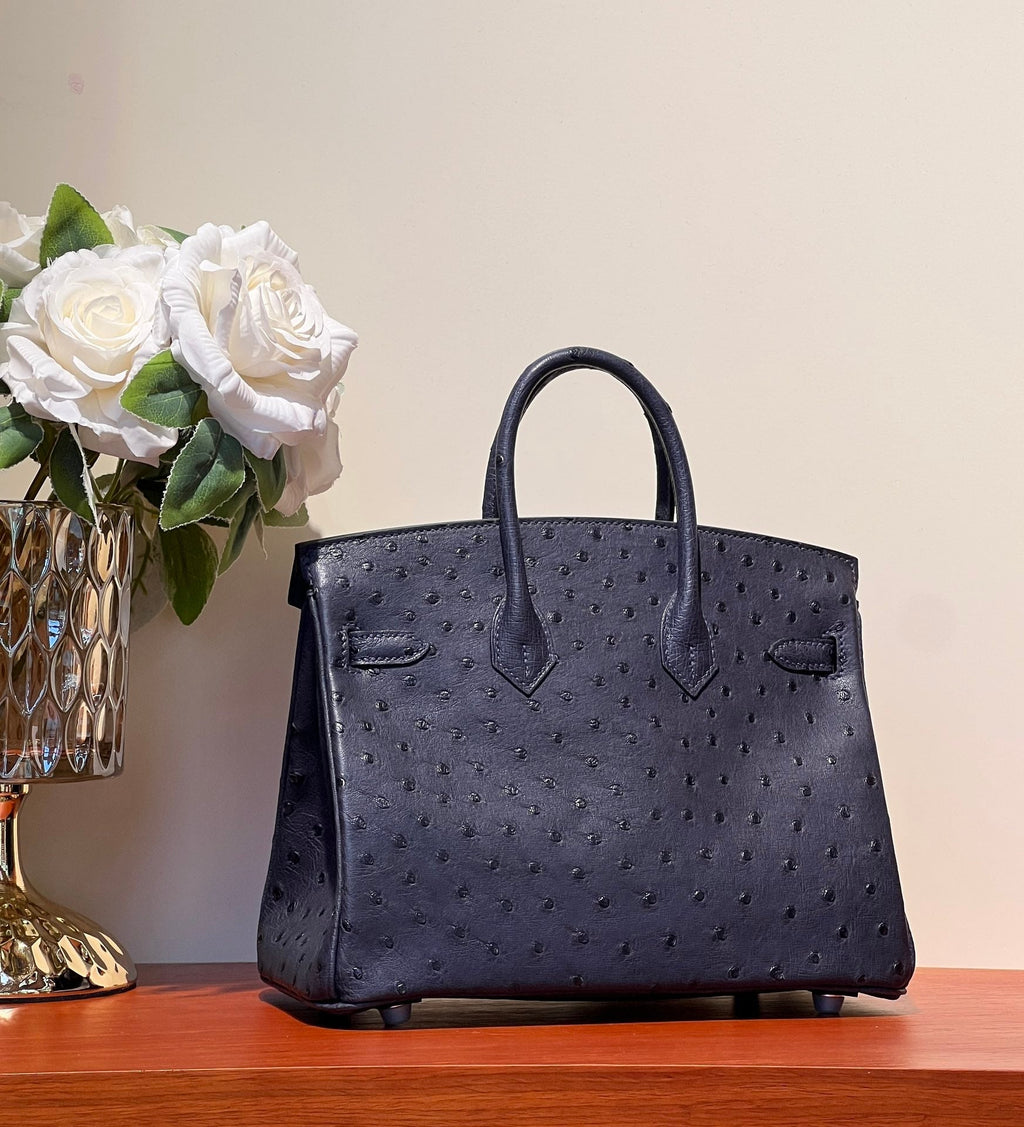 HERMES KELLY SELLIER 25 BAG IN SPACE BLUE OSTRICH LEATHER WITH SILVER HARDWARE