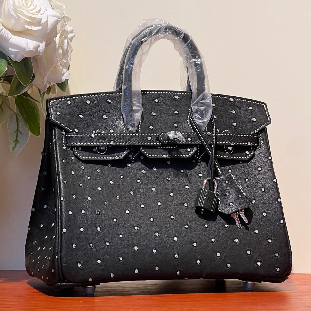 HERMES KELLY SELLIER 25 BAG IN BLACK OSTRICH LEATHER WITH WHITE RHINSTONES
