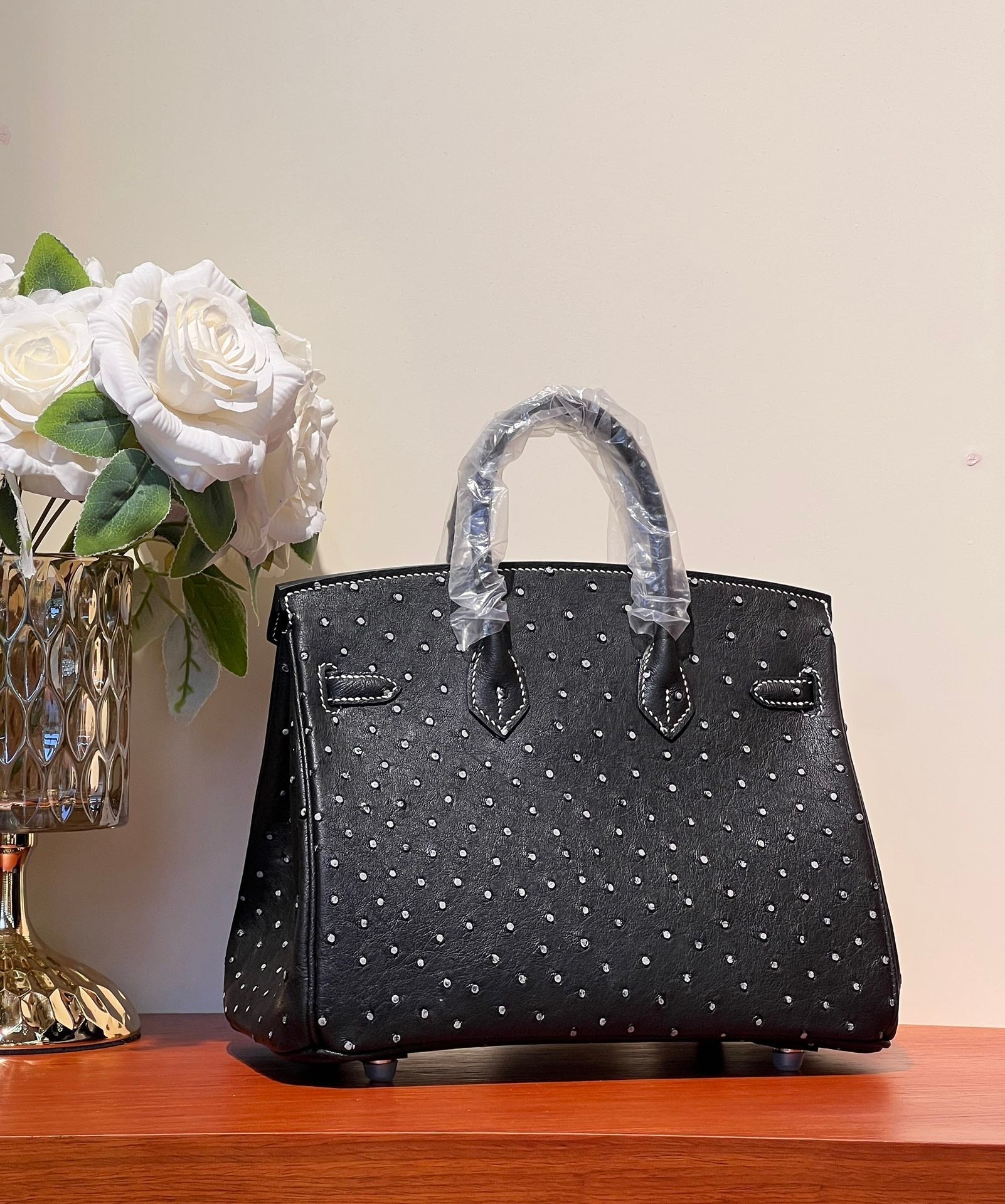 HERMES KELLY SELLIER 25 BAG IN BLACK OSTRICH LEATHER WITH WHITE RHINSTONES