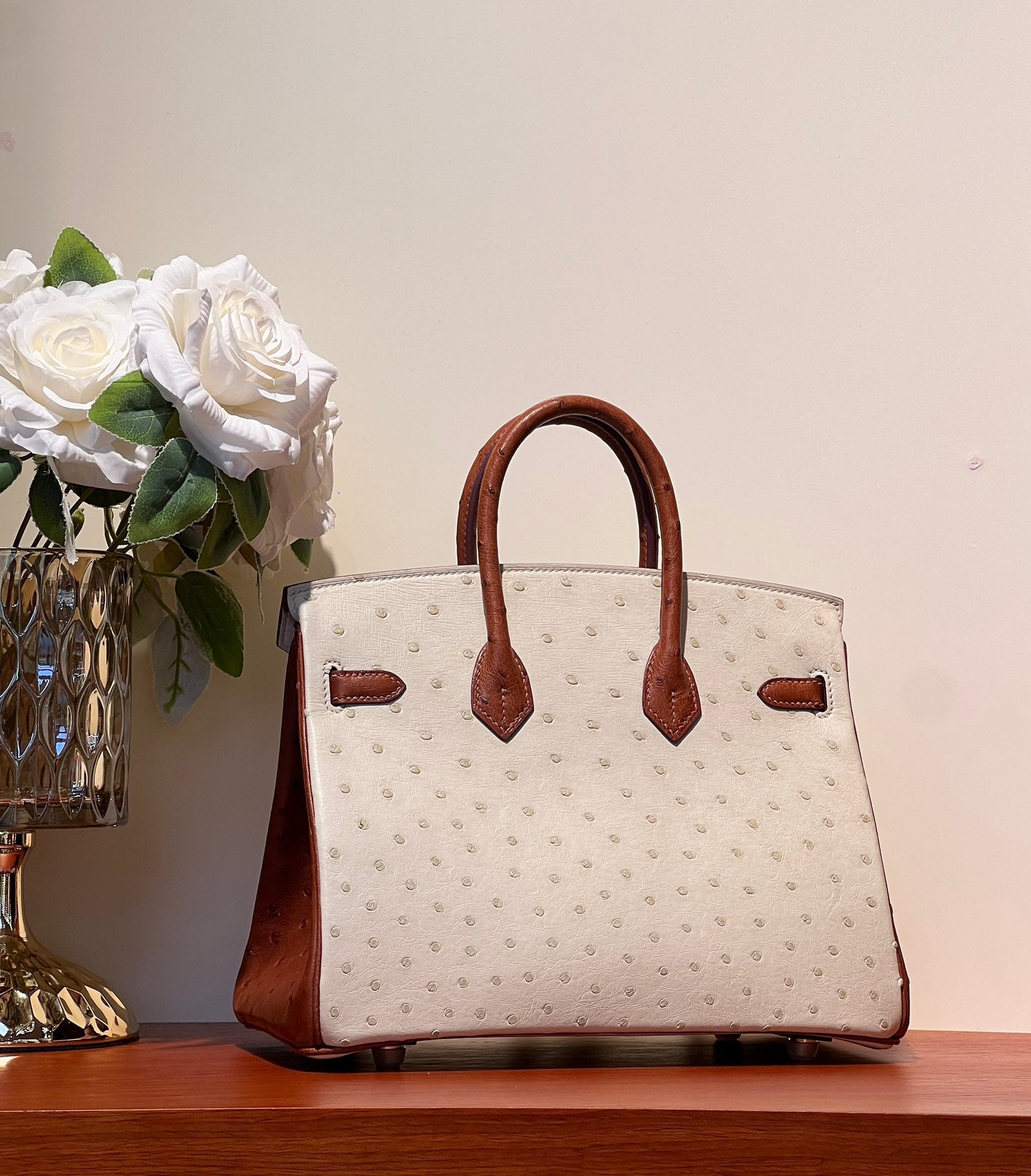 HERMES KELLY  SELLIER 25 BAG IN WHITE MIX RED BROWN OSTRICH LEATHER