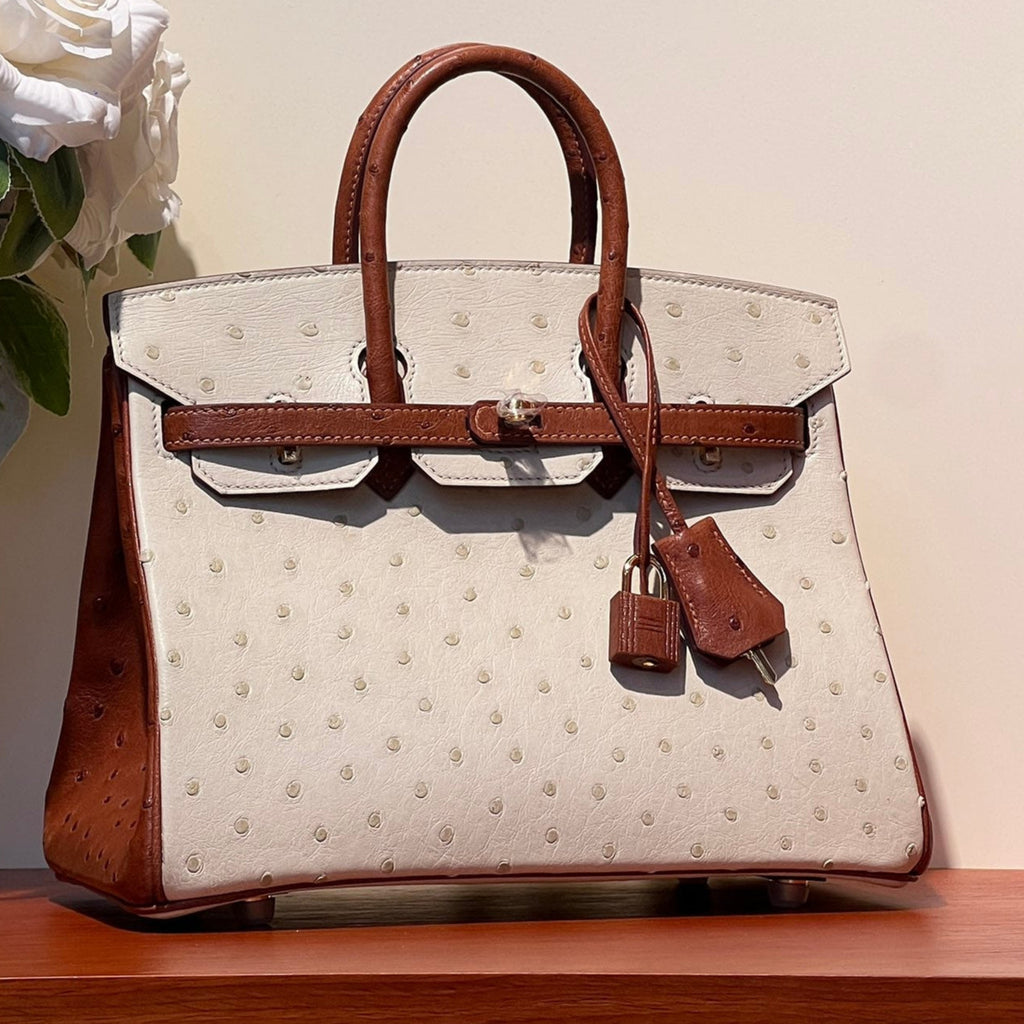 HERMES KELLY  SELLIER 25 BAG IN WHITE MIX RED BROWN OSTRICH LEATHER