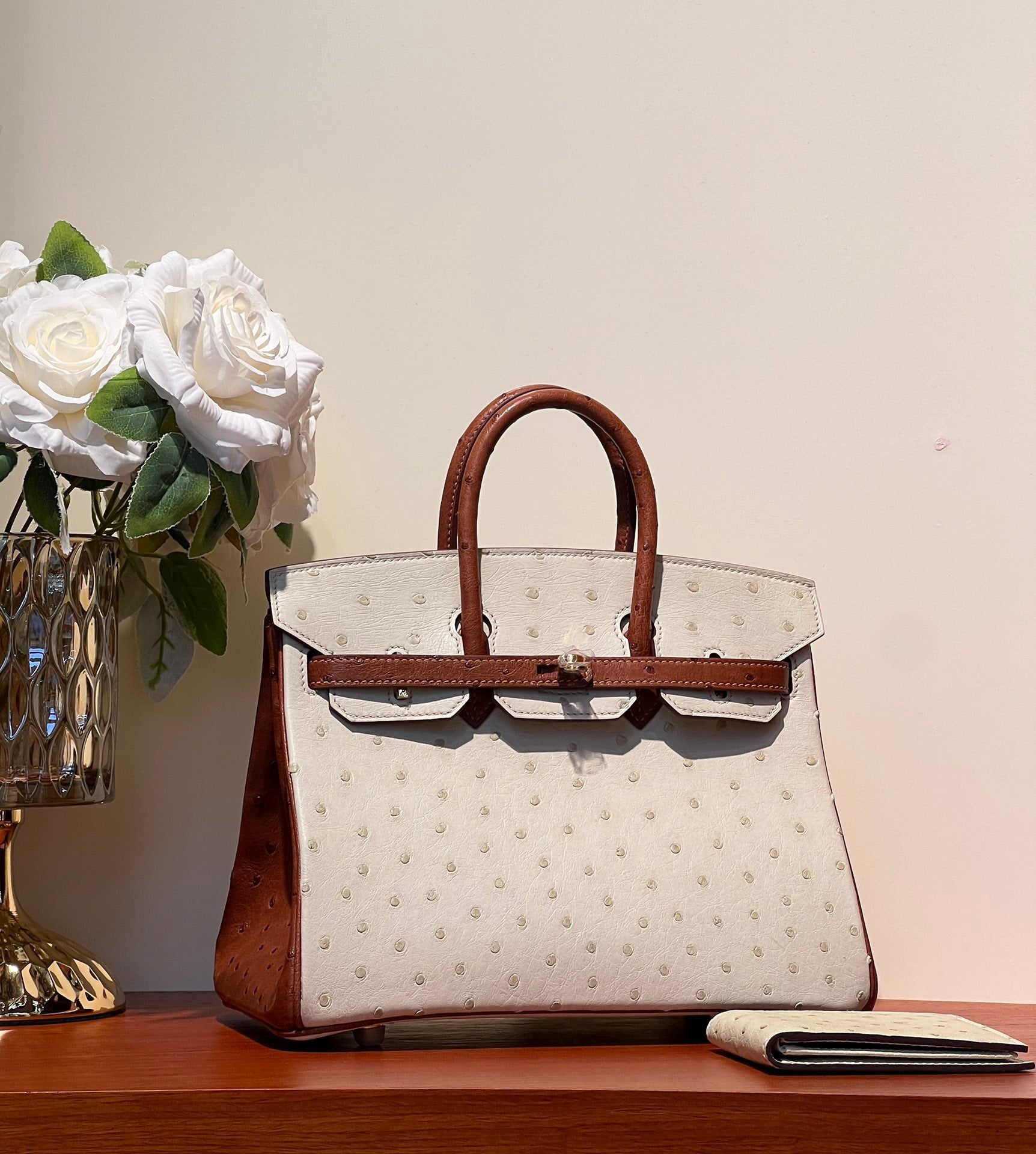 HERMES KELLY  SELLIER 25 BAG IN WHITE MIX RED BROWN OSTRICH LEATHER
