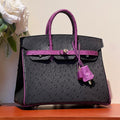 HERMES KELLY  SELLIER 25 BAG IN BLACK MIX ORCHID PURPLE OSTRICH LEATHER