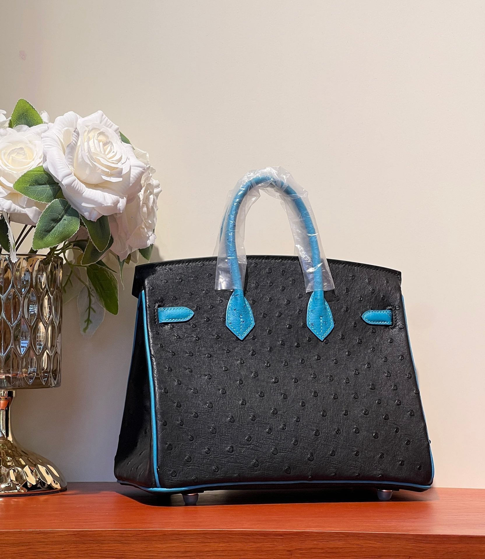 HERMES KELLY  SELLIER 25 BAG IN BLACK MIX OCEAN BLUE OSTRICH LEATHER