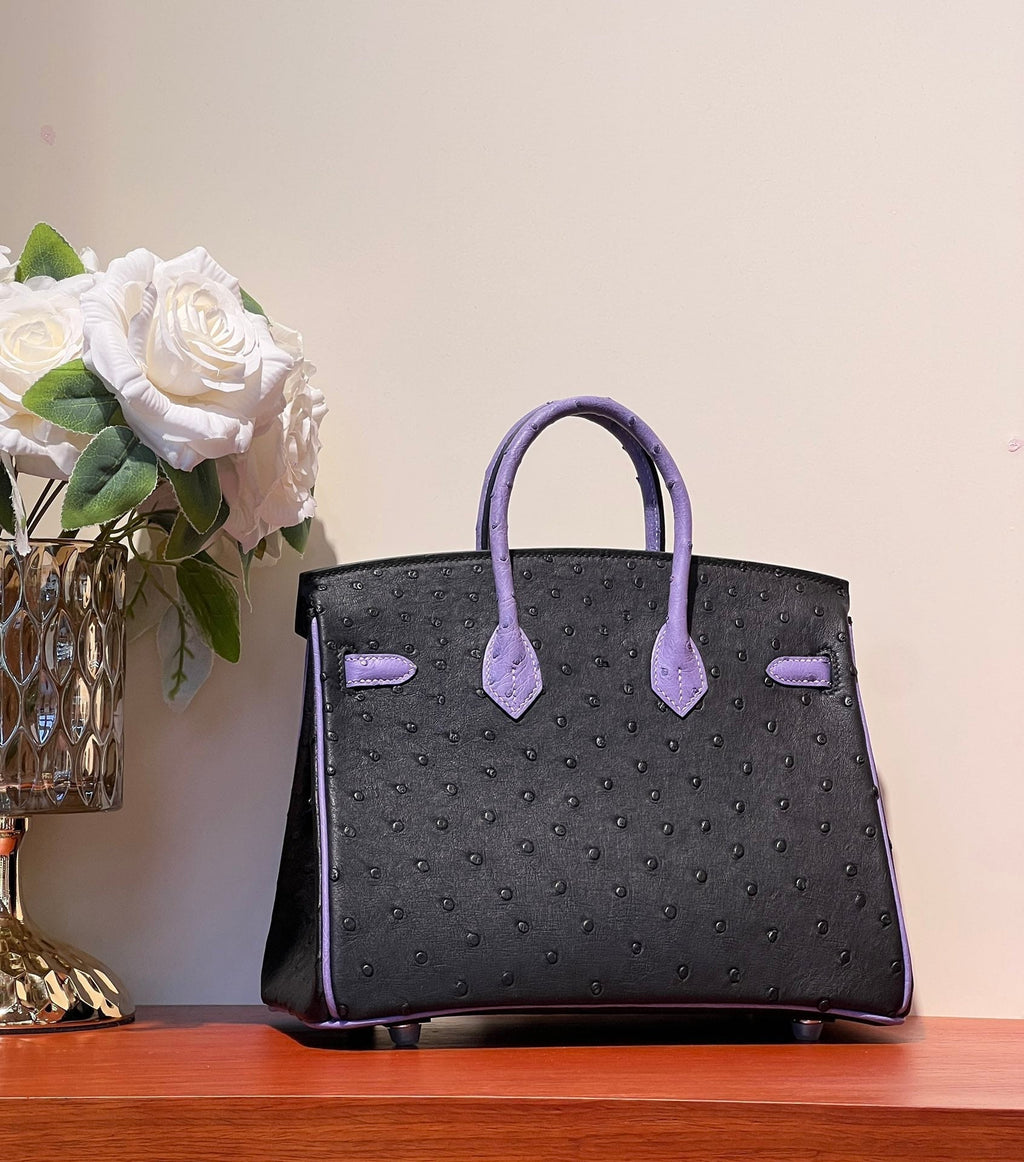 HERMES KELLY  SELLIER 25 BAG IN BLACK MIX AMETHYST PURPLE OSTRICH LEATHER