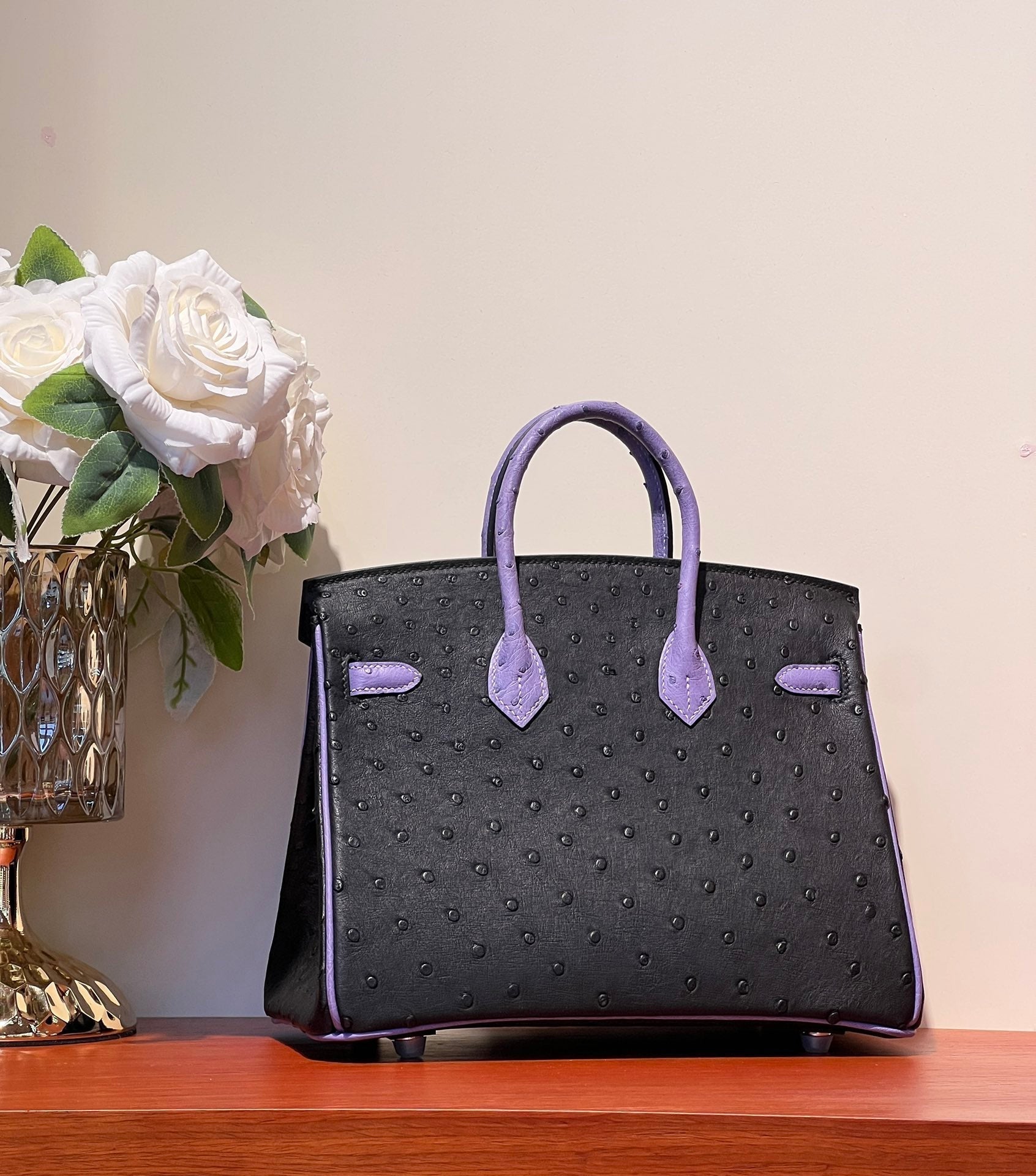 HERMES KELLY  SELLIER 25 BAG IN BLACK MIX AMETHYST PURPLE OSTRICH LEATHER