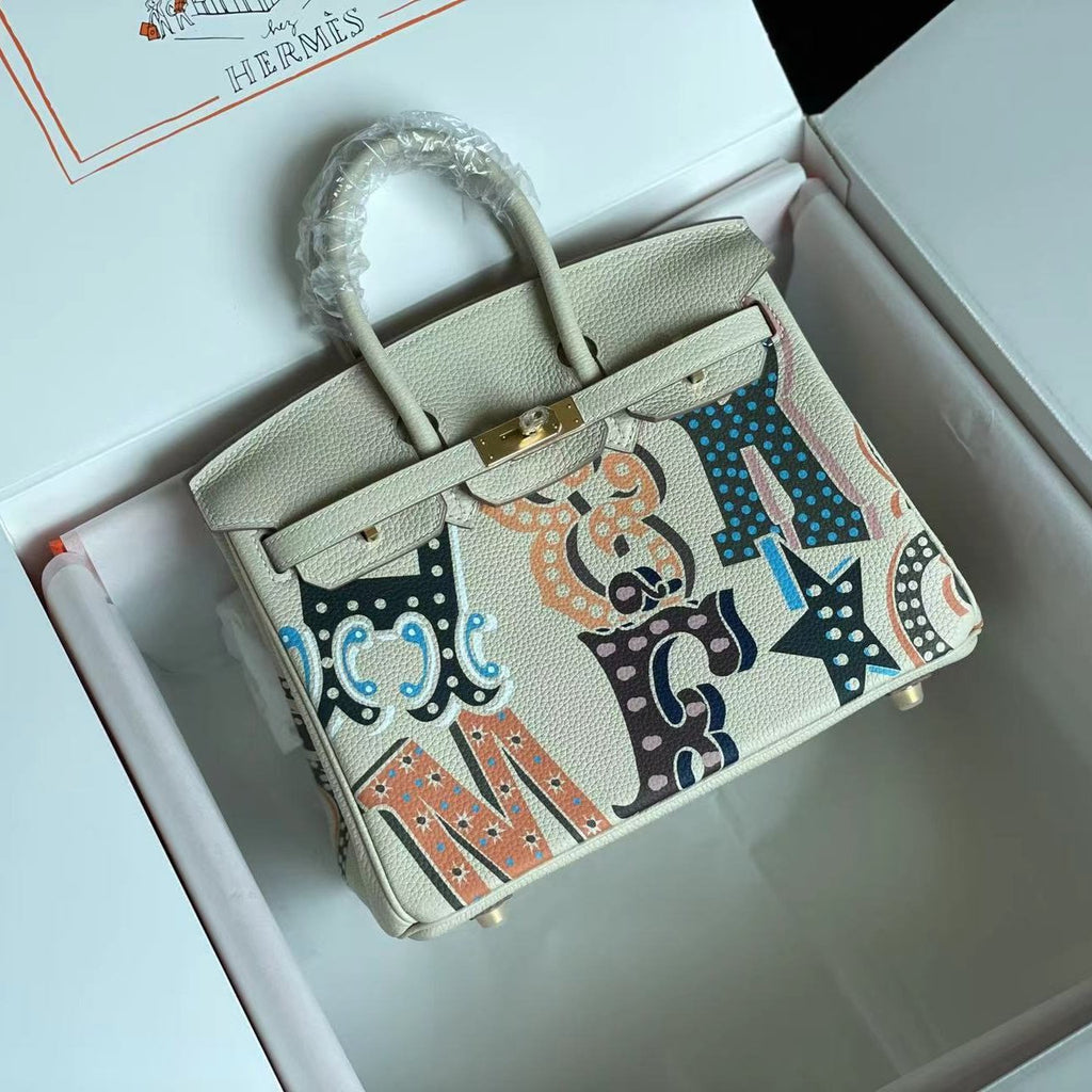 HERMES BIRKIN 25 BAG IN WHITE CREAM CALFSKIN WITH COLORFUL STICKER