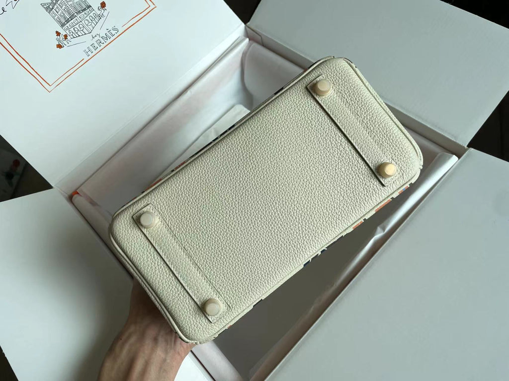 HERMES BIRKIN 25 BAG IN WHITE CREAM CALFSKIN WITH COLORFUL STICKER
