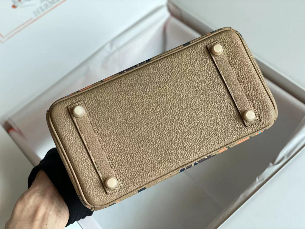 HERMES BIRKIN 25 BAG IN PEANUT BROWN CALFSKIN WITH COLORFUL STICKER