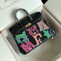 HERMES BIRKIN 25 BAG IN BLACK CALFSKIN WITH COLORFUL STICKER