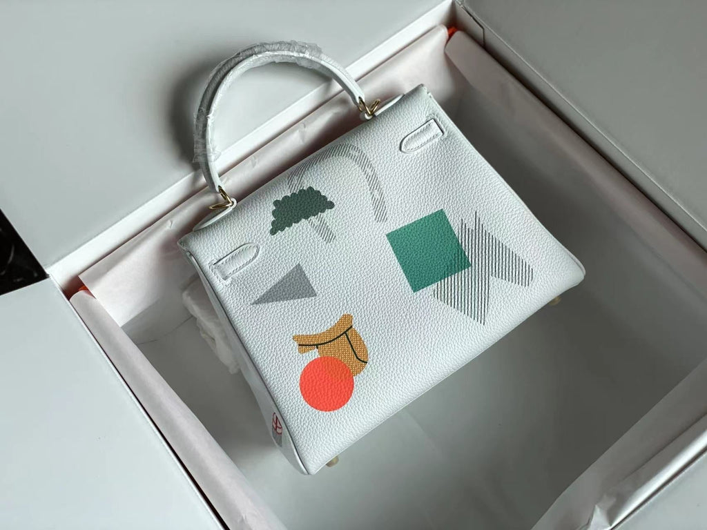 HERMES BIRKIN 25 BAG IN WHITE CALFSKIN WITH COLORFUL STICKER