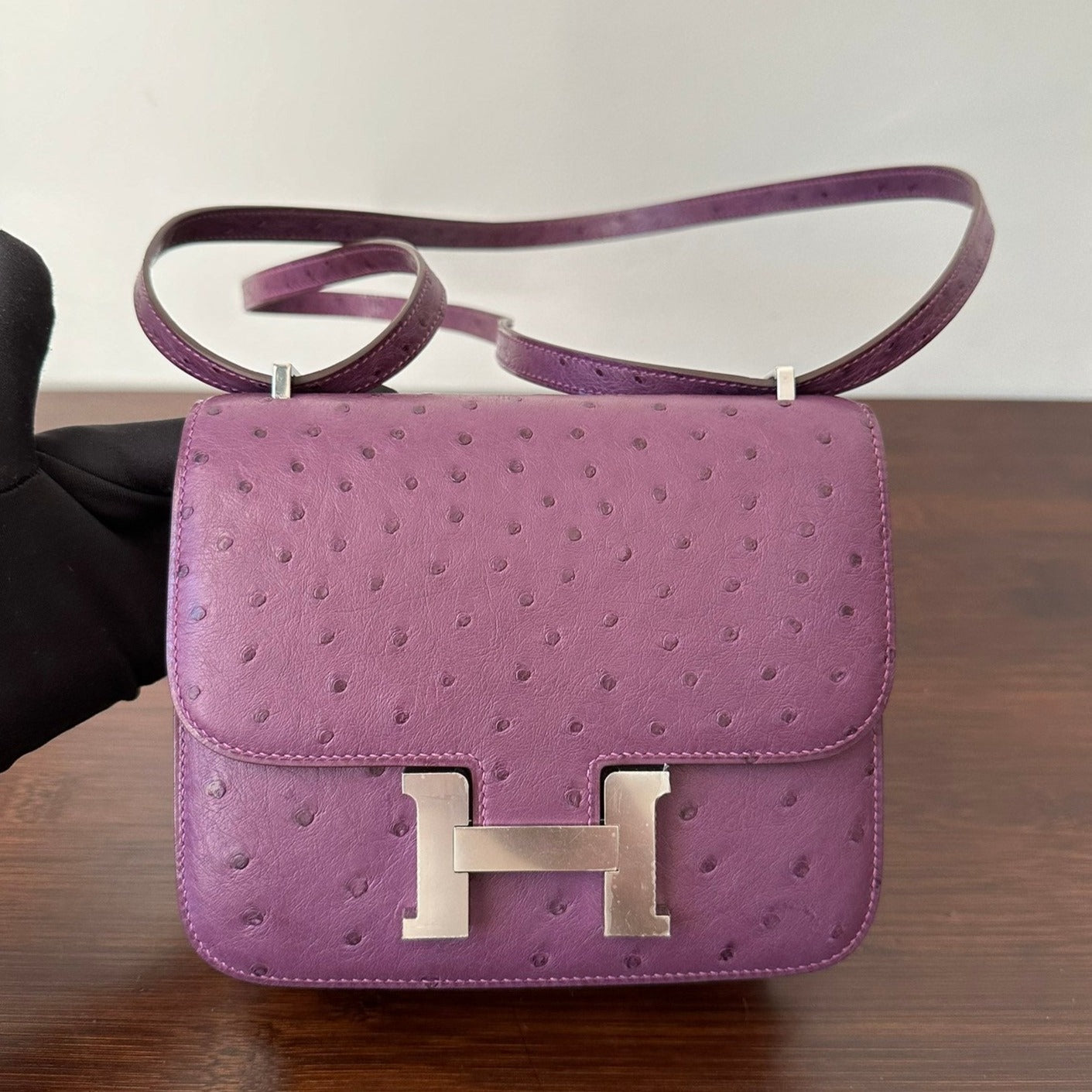 HERMES CONSTANCE 18 PURPLE OSTRICH SILVER HARDWARE