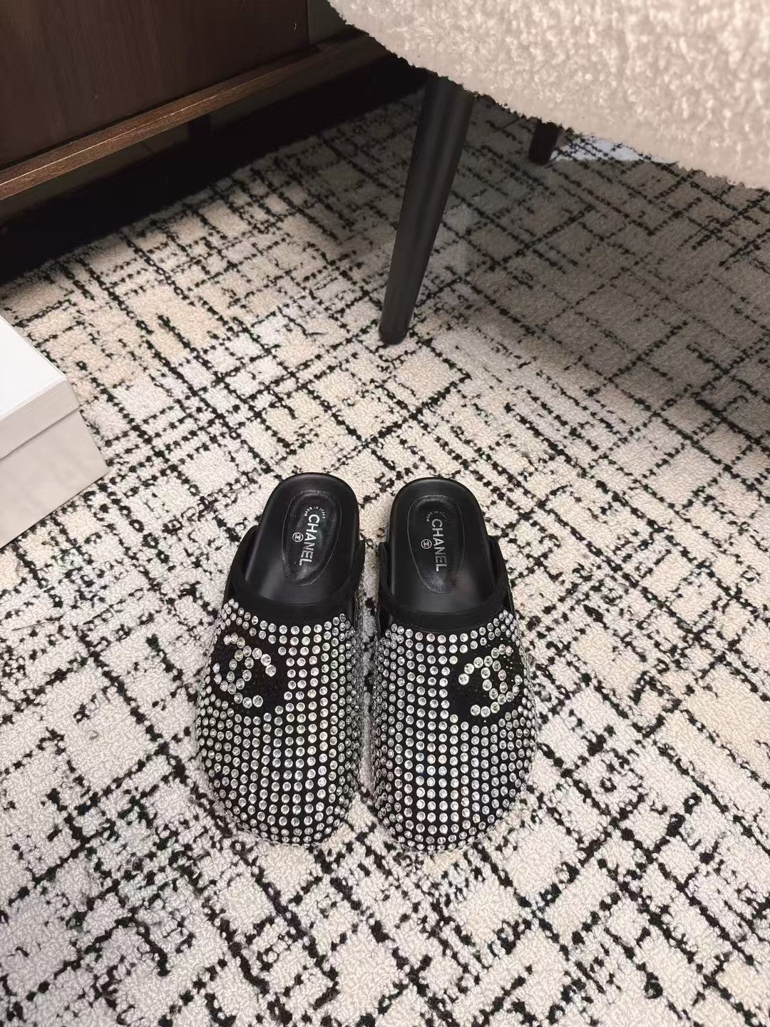 CHANEL FLAT MULE IN  BLACK SUEDE WITH CRYSTALS