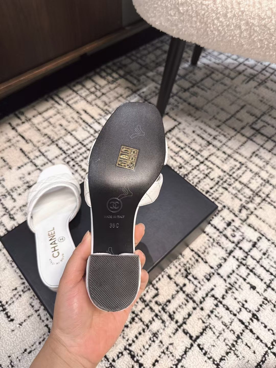 CHANEL MID HEEL MULES IN WHITE SHEEPSKIN