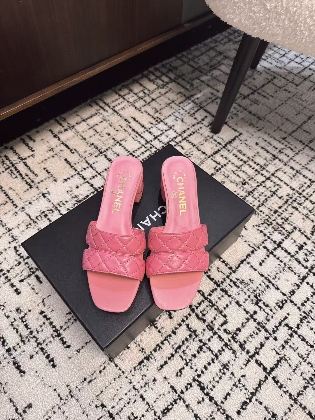 CHANEL MID HEEL MULES IN BRIGHT PINK SHEEPSKIN