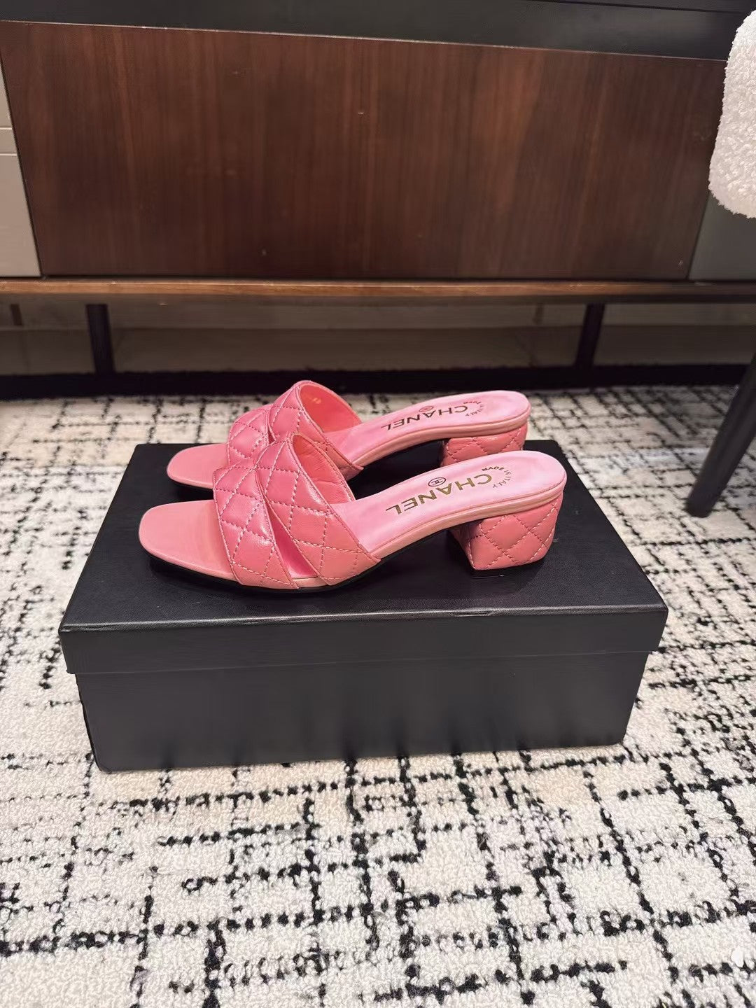 CHANEL MID HEEL MULES IN BRIGHT PINK SHEEPSKIN