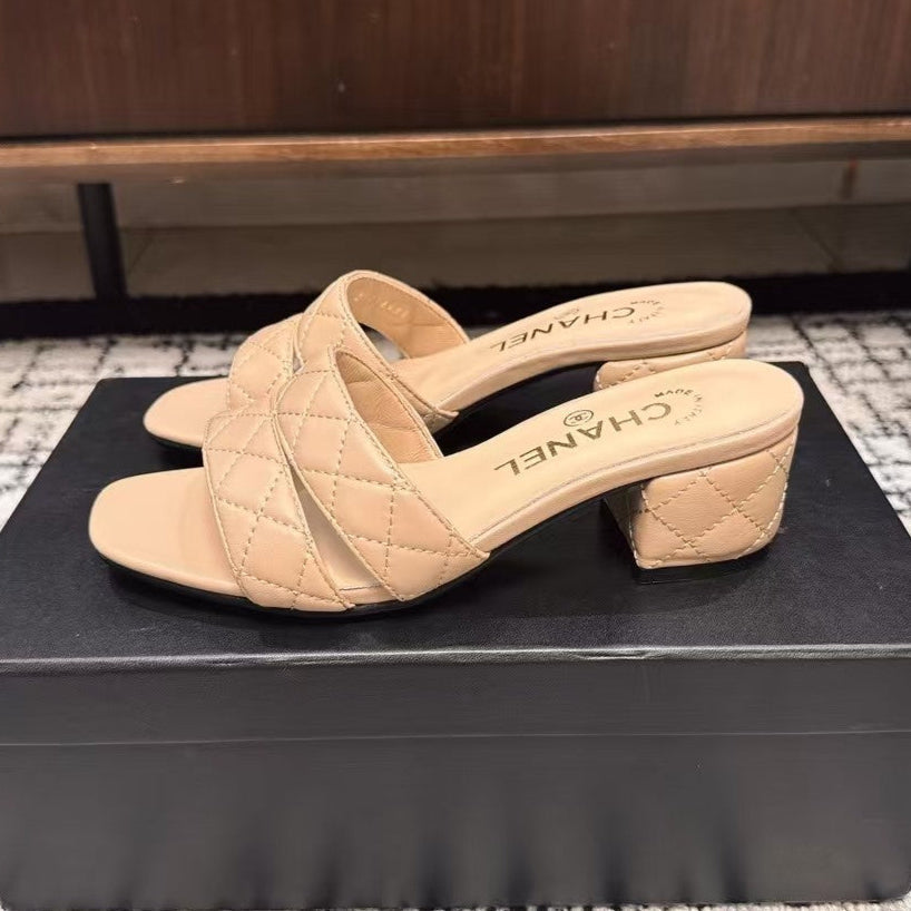 CHANEL MID HEEL MULES IN MACAROON BEIGE SHEEPSKIN