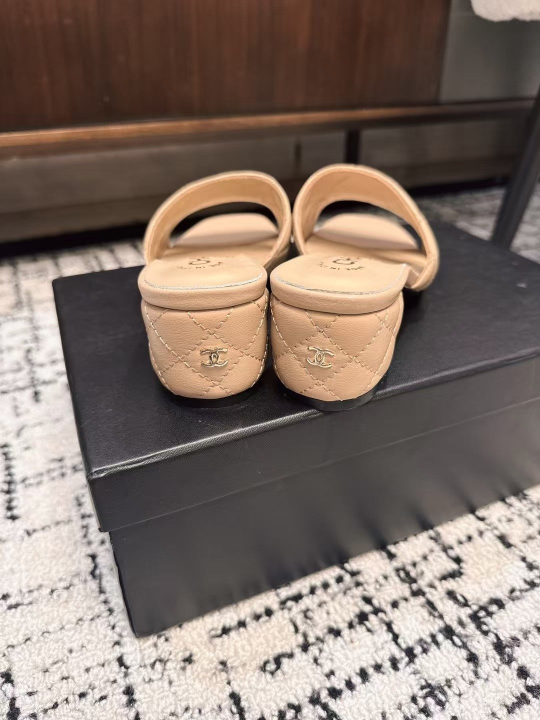CHANEL MID HEEL MULES IN MACAROON BEIGE SHEEPSKIN
