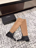 CHANEL HIGH BOOTS IN TAN BROWN SUEDE MIX BLACK CALFSKIN