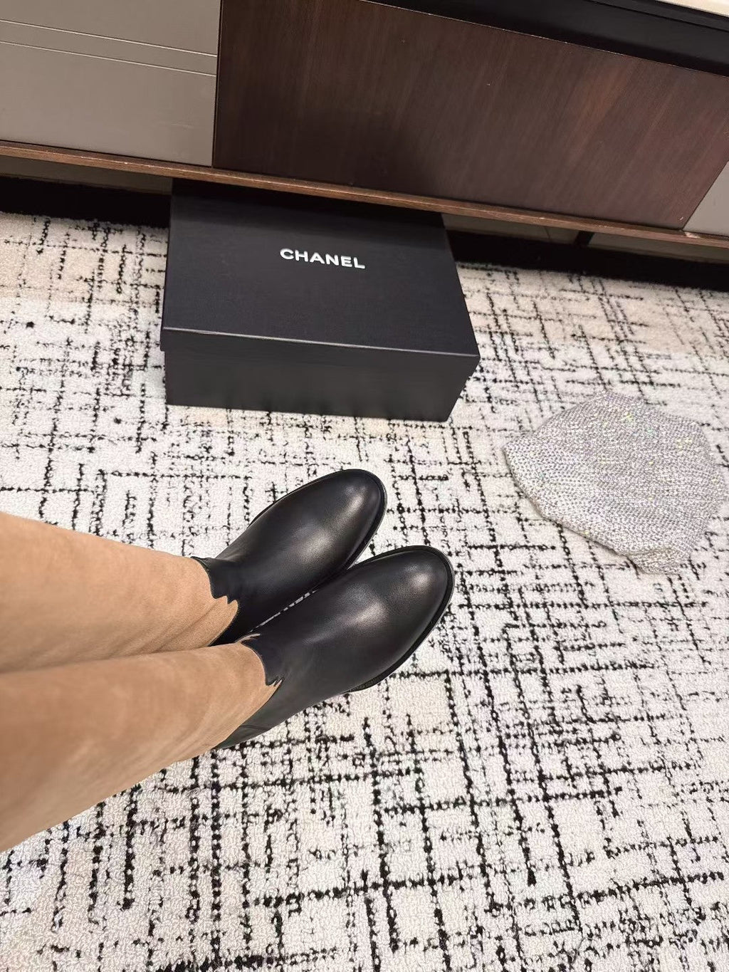 CHANEL HIGH BOOTS IN TAN BROWN SUEDE MIX BLACK CALFSKIN