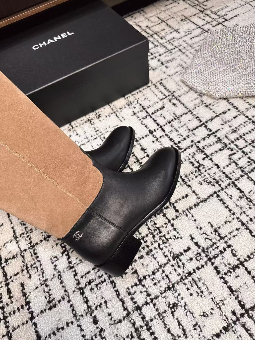 CHANEL HIGH BOOTS IN TAN BROWN SUEDE MIX BLACK CALFSKIN