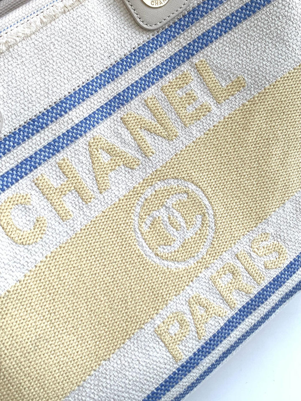 CHANEL SHOPPING BAG 34 IN WHITE BLUE AND YELLOW CANVAS