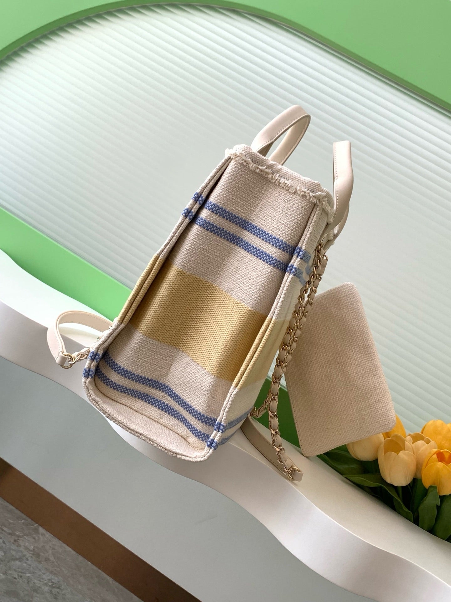 CHANEL SHOPPING BAG 34 IN WHITE BLUE AND YELLOW CANVAS