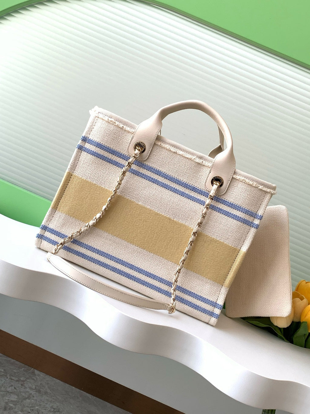 CHANEL SHOPPING BAG 34 IN WHITE BLUE AND YELLOW CANVAS