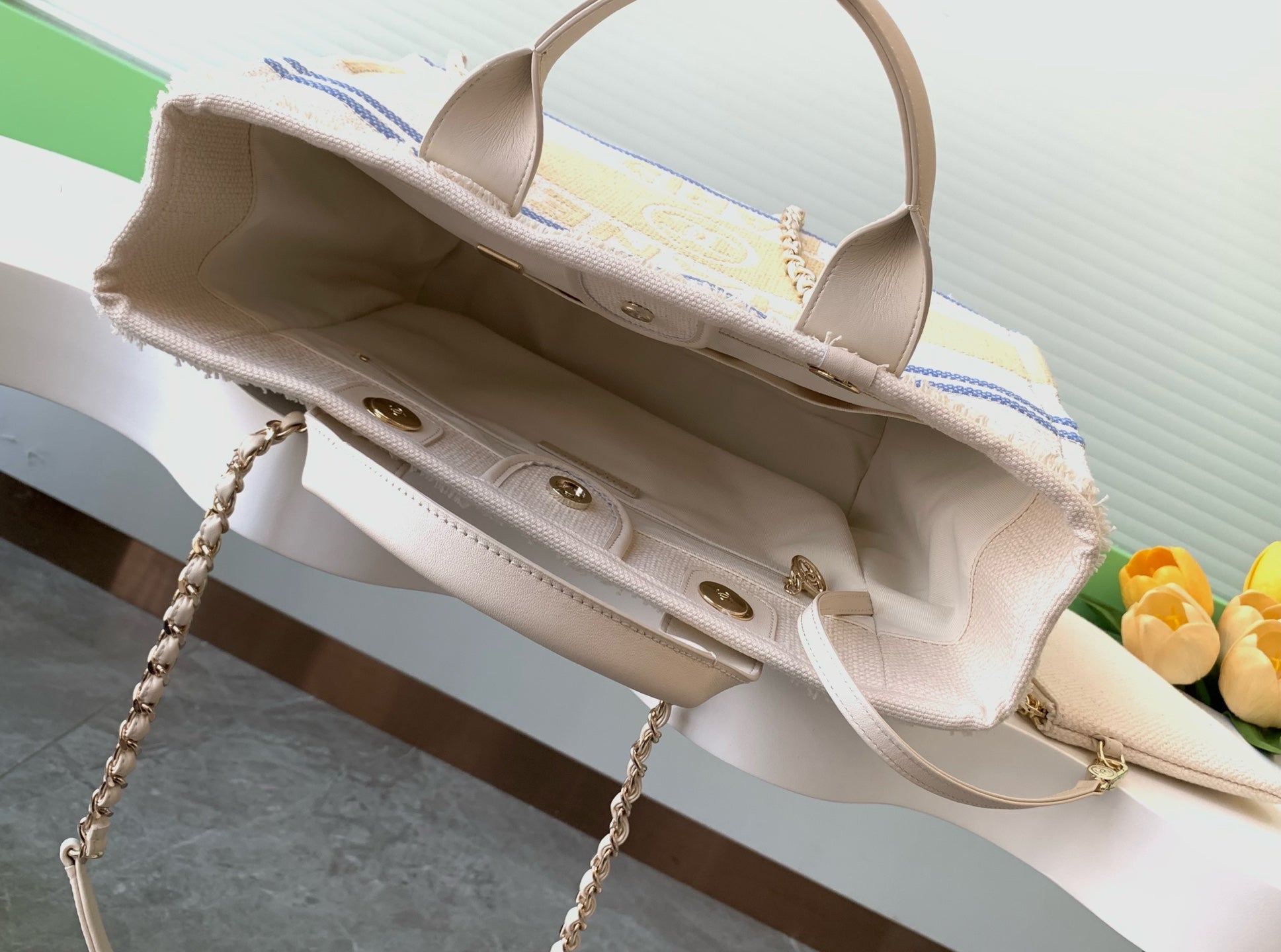 CHANEL SHOPPING BAG 34 IN WHITE BLUE AND YELLOW CANVAS