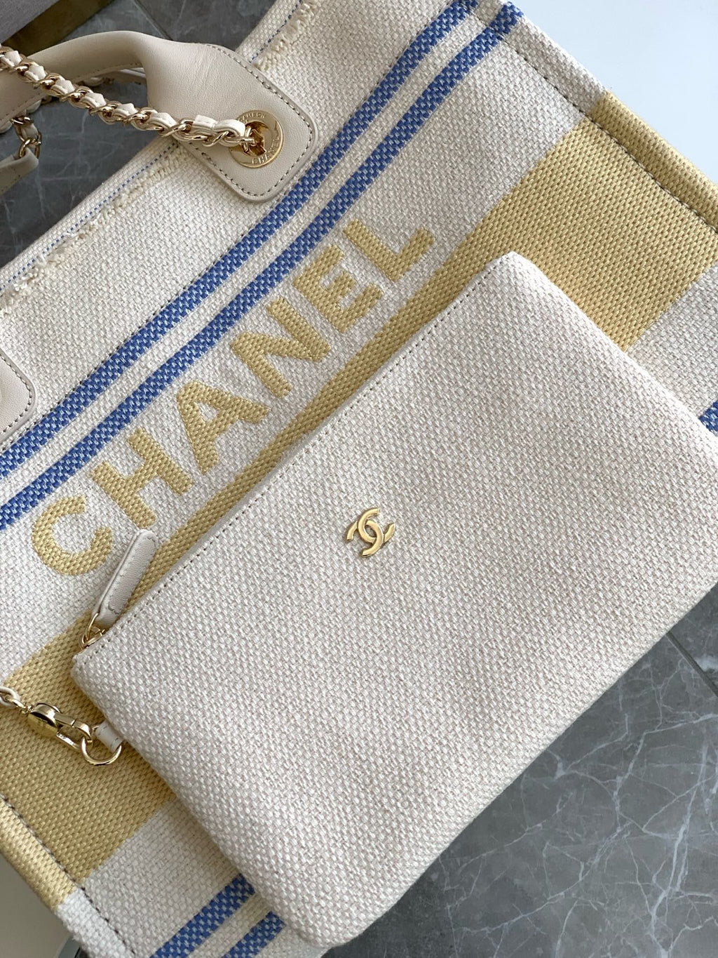 CHANEL SHOPPING BAG 34 IN WHITE BLUE AND YELLOW CANVAS