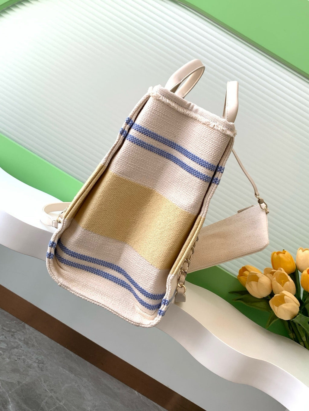 CHANEL SHOPPING BAG 38 IN WHITE BLUE AND YELLOW CANVAS