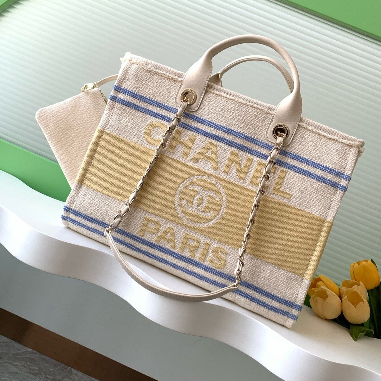 CHANEL SHOPPING BAG 38 IN WHITE BLUE AND YELLOW CANVAS