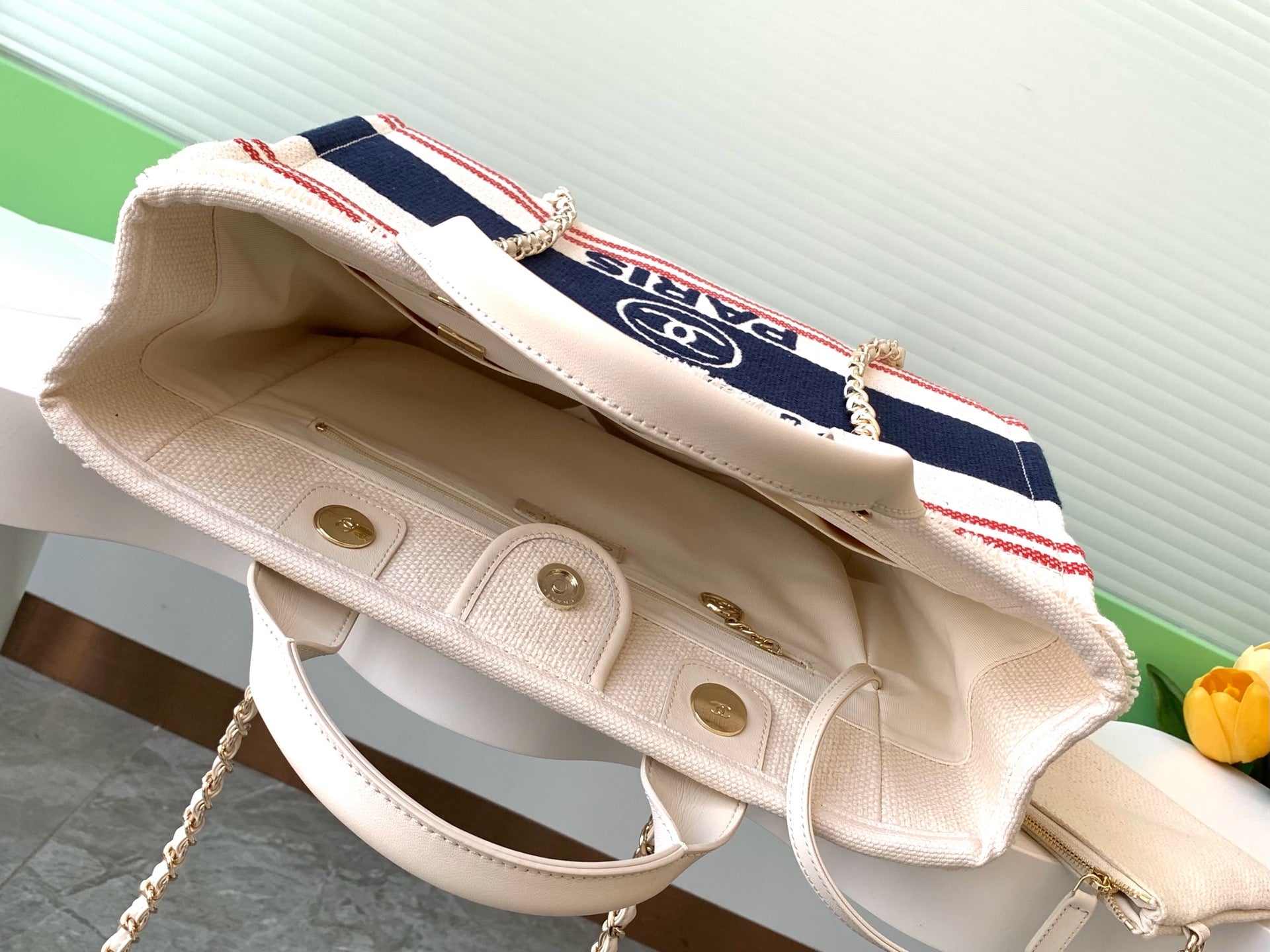 CHANEL SHOPPING BAG 34 IN WHITE RED AND NAVY BLUE CANVAS