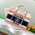CHANEL SHOPPING BAG 34 IN WHITE RED AND NAVY BLUE CANVAS